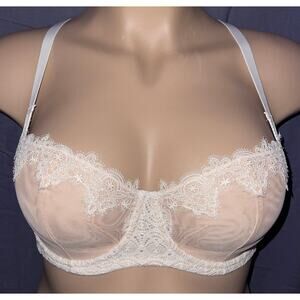 32B WHITE & TAN LACE VICTORIA'S SECRET DREAM ANGELS UNLINED BALCONETTE BRA